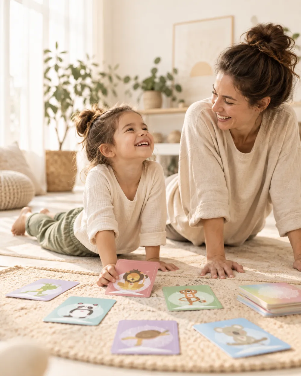 Anne ve kızı yerde yoga asana hafıza kartlarıyla oynarken gülüyor