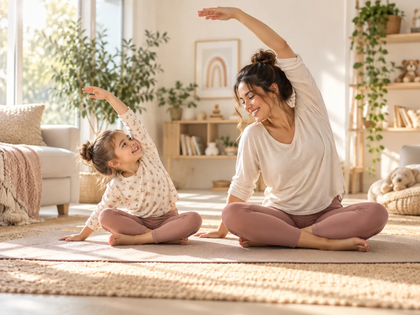 Anne ve kızı evde birlikte yan esneme yoga pozu yapıyor